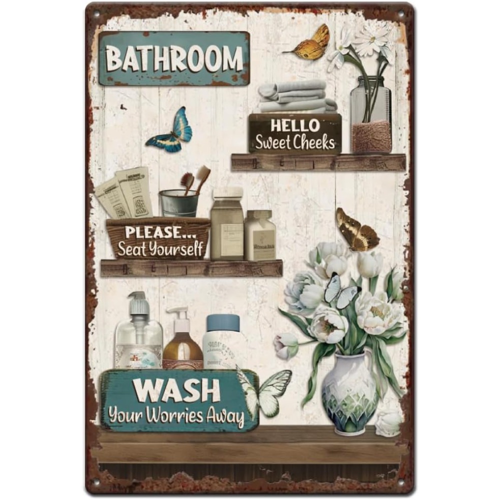 Home Bathroom Sign - Bathroom Floral Tin Signs Vintage Hanging